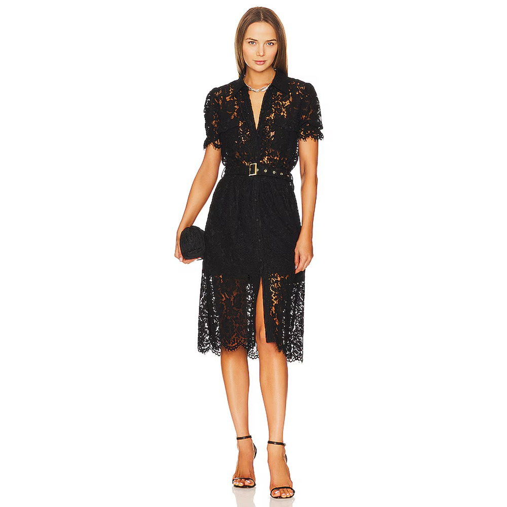 Generation Love Black Lace Belted Shirt Dress